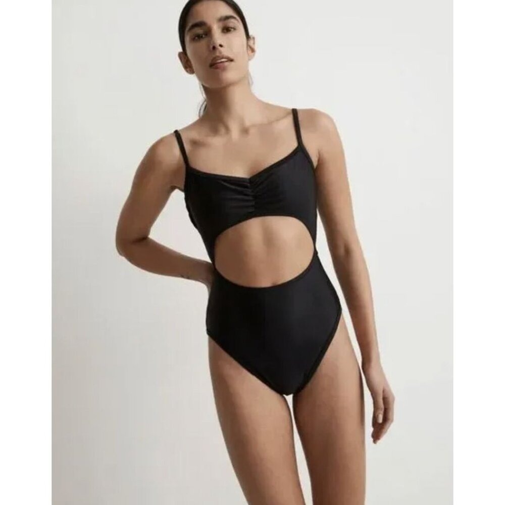 Madewell Cinched Cutout One-Piece Swimsuit Black S Minimalist Beach‎ Neutral NWT